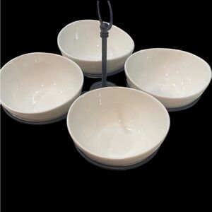 Set of Four White Ceramic Bowls with Black Stand